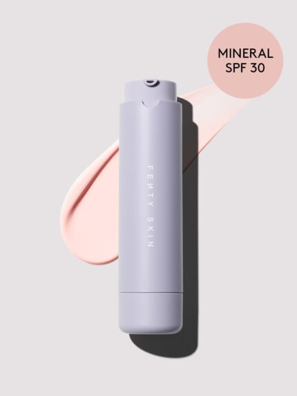 Bottle of Mineral Hydra Vizor Invisible Moisturizer Broad Spectrum SPF 30 Sunscreen with Niacinamide + Kalahari Melon on a lilac backdrop.